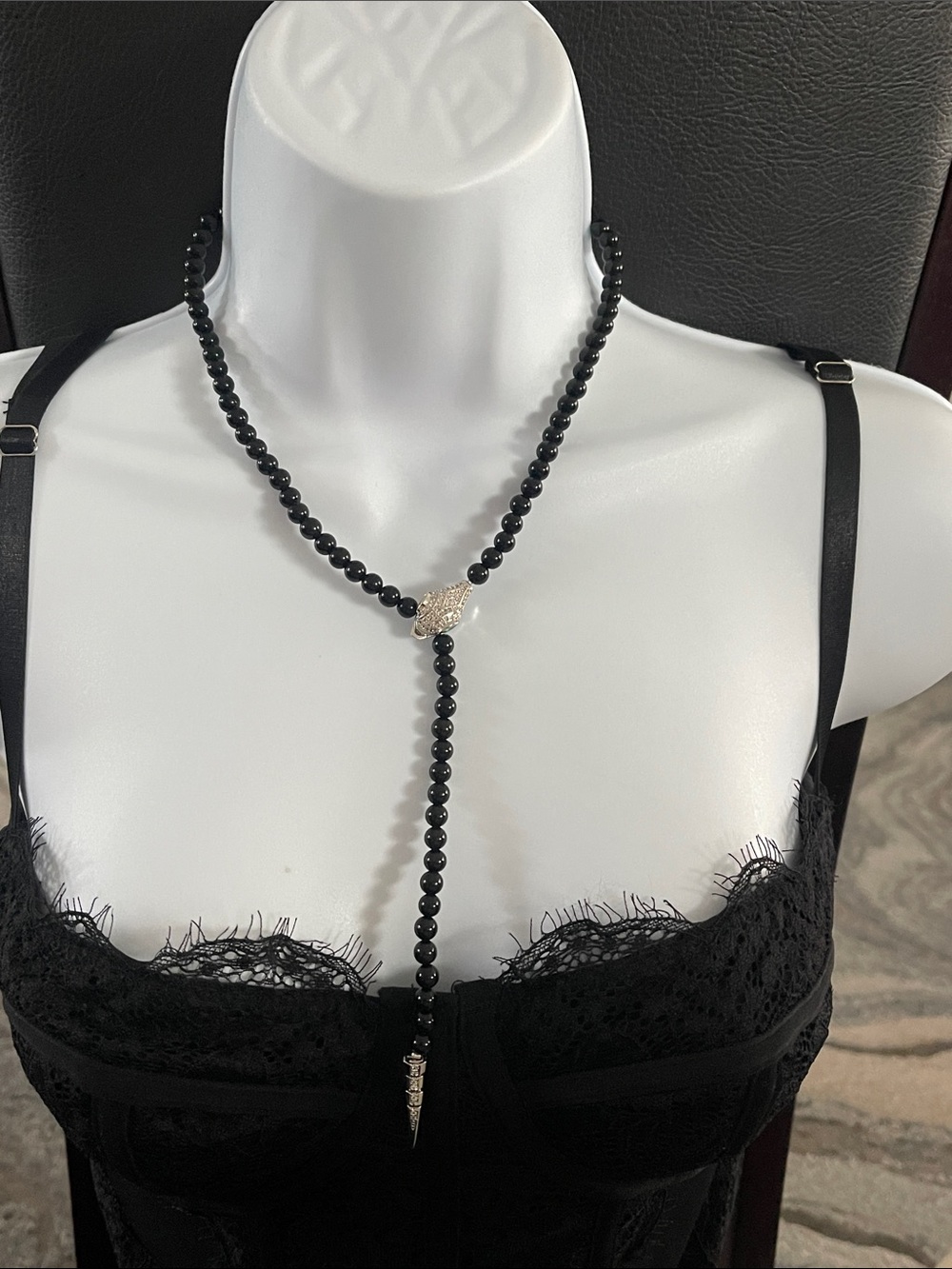 Black beads Lariat Necklace with pave snake accent